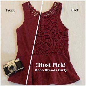 Free People Burgundy Macrame Peplum Top